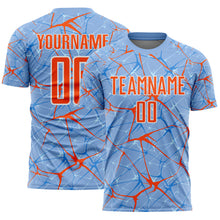 Load image into Gallery viewer, Custom Light Blue Orange-White Abstract Network Crackle Sublimation Soccer Uniform Jersey
