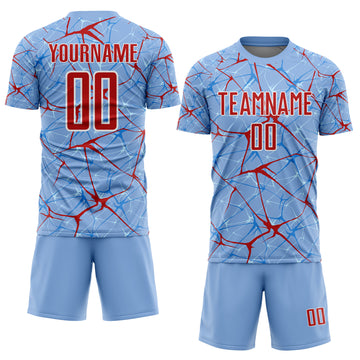 Custom Light Blue Red-White Abstract Network Crackle Sublimation Soccer Uniform Jersey