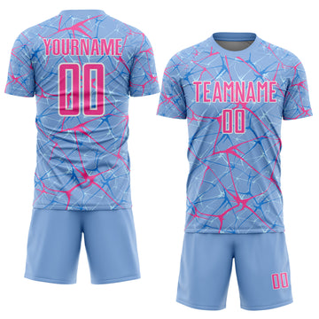 Custom Light Blue Pink-White Abstract Network Crackle Sublimation Soccer Uniform Jersey