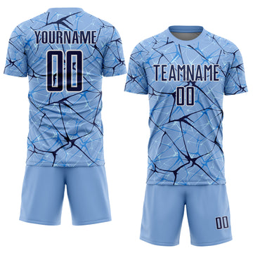 Custom Light Blue Navy-White Abstract Network Crackle Sublimation Soccer Uniform Jersey