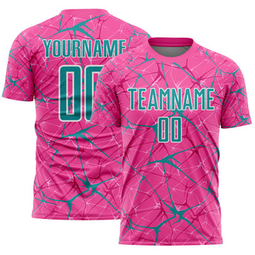 Custom Pink Teal-White Abstract Network Crackle Sublimation Soccer Uniform Jersey
