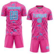 Laden Sie das Bild in den Galerie-Viewer, Custom Pink Sky Blue-White Abstract Network Crackle Sublimation Soccer Uniform Jersey
