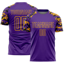 Load image into Gallery viewer, Custom Purple Black-Gold Digital Camo Raglan Sleeves Sublimation Soccer Uniform Jersey
