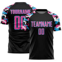 Загрузить изображение в средство просмотра галереи, Custom Black Pink Sky Blue-White Digital Camo Raglan Sleeves Sublimation Soccer Uniform Jersey
