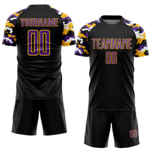 Load image into Gallery viewer, Custom Black Purple Gold-White Digital Camo Raglan Sleeves Sublimation Soccer Uniform Jersey
