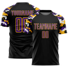 Load image into Gallery viewer, Custom Black Purple Gold-White Digital Camo Raglan Sleeves Sublimation Soccer Uniform Jersey

