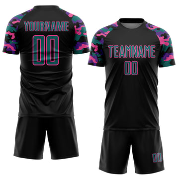 Custom Black Teal Purple-Pink Digital Camo Raglan Sleeves Sublimation Soccer Uniform Jersey