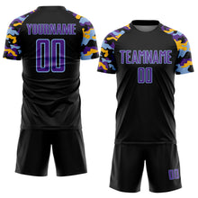 Загрузить изображение в средство просмотра галереи, Custom Black Purple Light Blue-Gold Digital Camo Raglan Sleeves Sublimation Soccer Uniform Jersey
