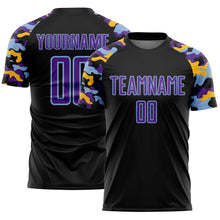 Загрузить изображение в средство просмотра галереи, Custom Black Purple Light Blue-Gold Digital Camo Raglan Sleeves Sublimation Soccer Uniform Jersey
