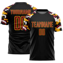 Charger l'image dans la galerie, Custom Black Crimson Gold-White Digital Camo Raglan Sleeves Sublimation Soccer Uniform Jersey
