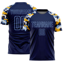 Charger l'image dans la galerie, Custom Navy Light Blue Gold-White Digital Camo Raglan Sleeves Sublimation Soccer Uniform Jersey

