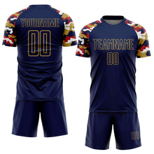 Load image into Gallery viewer, Custom Navy Red Old Gold-White Digital Camo Raglan Sleeves Sublimation Soccer Uniform Jersey
