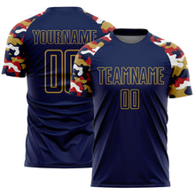 Load image into Gallery viewer, Custom Navy Red Old Gold-White Digital Camo Raglan Sleeves Sublimation Soccer Uniform Jersey
