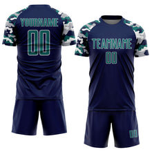 Laden Sie das Bild in den Galerie-Viewer, Custom Navy Teal Gray-White Digital Camo Raglan Sleeves Sublimation Soccer Uniform Jersey
