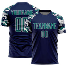 Laden Sie das Bild in den Galerie-Viewer, Custom Navy Teal Gray-White Digital Camo Raglan Sleeves Sublimation Soccer Uniform Jersey
