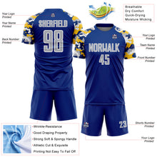 Load image into Gallery viewer, Custom Royal Gray Yellow-White Digital Camo Raglan Sleeves Sublimation Soccer Uniform Jersey

