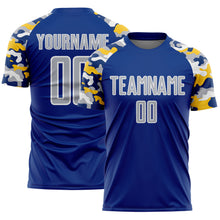 Load image into Gallery viewer, Custom Royal Gray Yellow-White Digital Camo Raglan Sleeves Sublimation Soccer Uniform Jersey
