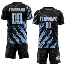 Load image into Gallery viewer, Custom Black Light Blue-White Brush Stroke Splatter Liquid Swirl Sublimation Soccer Uniform Jersey

