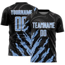 Load image into Gallery viewer, Custom Black Light Blue-White Brush Stroke Splatter Liquid Swirl Sublimation Soccer Uniform Jersey

