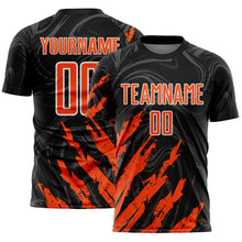 Charger l'image dans la galerie, Custom Black Orange-White Brush Stroke Splatter Liquid Swirl Sublimation Soccer Uniform Jersey
