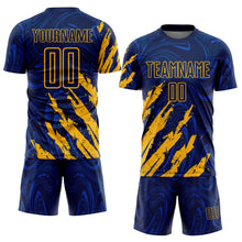 Load image into Gallery viewer, Custom Navy-Gold Brush Stroke Splatter Liquid Swirl Sublimation Soccer Uniform Jersey
