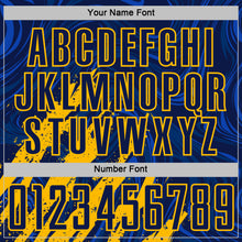 Load image into Gallery viewer, Custom Navy-Gold Brush Stroke Splatter Liquid Swirl Sublimation Soccer Uniform Jersey
