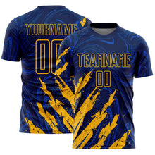 Load image into Gallery viewer, Custom Navy-Gold Brush Stroke Splatter Liquid Swirl Sublimation Soccer Uniform Jersey
