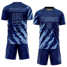 Load image into Gallery viewer, Custom Navy-Light Blue Brush Stroke Splatter Liquid Swirl Sublimation Soccer Uniform Jersey

