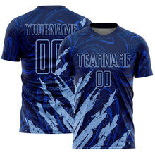 Load image into Gallery viewer, Custom Navy-Light Blue Brush Stroke Splatter Liquid Swirl Sublimation Soccer Uniform Jersey
