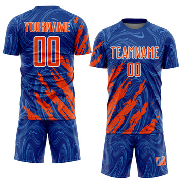 Custom Royal Orange-White Brush Stroke Splatter Liquid Swirl Sublimation Soccer Uniform Jersey