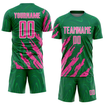 Custom Kelly Green Pink-White Brush Stroke Splatter Liquid Swirl Sublimation Soccer Uniform Jersey