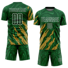 Load image into Gallery viewer, Custom Green Old Gold-White Brush Stroke Splatter Liquid Swirl Sublimation Soccer Uniform Jersey
