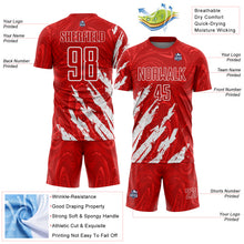 Load image into Gallery viewer, Custom Red-White Brush Stroke Splatter Liquid Swirl Sublimation Soccer Uniform Jersey
