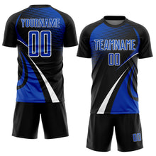 Load image into Gallery viewer, Custom Black Thunder Blue-White Halftone Dot Dynamic Curve Stripe Sublimation Soccer Uniform Jersey
