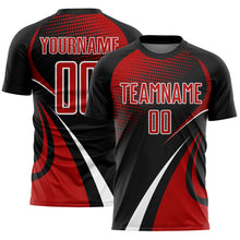 Загрузить изображение в средство просмотра галереи, Custom Black Red-White Halftone Dot Dynamic Curve Stripe Sublimation Soccer Uniform Jersey
