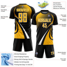 Charger l'image dans la galerie, Custom Black Gold-White Halftone Dot Dynamic Curve Stripe Sublimation Soccer Uniform Jersey
