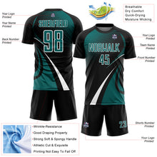 Charger l'image dans la galerie, Custom Black Teal-White Halftone Dot Dynamic Curve Stripe Sublimation Soccer Uniform Jersey
