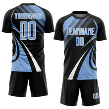 Charger l'image dans la galerie, Custom Black Light Blue-White Halftone Dot Dynamic Curve Stripe Sublimation Soccer Uniform Jersey
