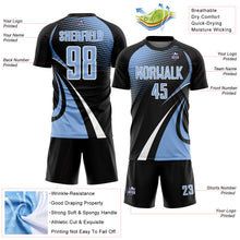 Charger l'image dans la galerie, Custom Black Light Blue-White Halftone Dot Dynamic Curve Stripe Sublimation Soccer Uniform Jersey
