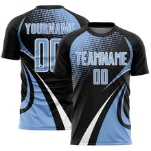 Charger l'image dans la galerie, Custom Black Light Blue-White Halftone Dot Dynamic Curve Stripe Sublimation Soccer Uniform Jersey
