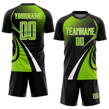 Laden Sie das Bild in den Galerie-Viewer, Custom Black Neon Green-White Halftone Dot Dynamic Curve Stripe Sublimation Soccer Uniform Jersey
