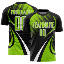Laden Sie das Bild in den Galerie-Viewer, Custom Black Neon Green-White Halftone Dot Dynamic Curve Stripe Sublimation Soccer Uniform Jersey
