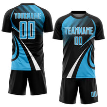 Charger l'image dans la galerie, Custom Black Sky Blue-White Halftone Dot Dynamic Curve Stripe Sublimation Soccer Uniform Jersey
