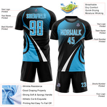 Charger l'image dans la galerie, Custom Black Sky Blue-White Halftone Dot Dynamic Curve Stripe Sublimation Soccer Uniform Jersey

