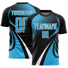 Charger l'image dans la galerie, Custom Black Sky Blue-White Halftone Dot Dynamic Curve Stripe Sublimation Soccer Uniform Jersey
