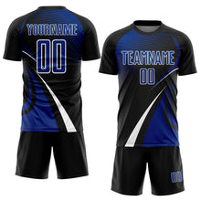 Загрузить изображение в средство просмотра галереи, Custom Black Royal-White Halftone Dot Dynamic Curve Stripe Sublimation Soccer Uniform Jersey
