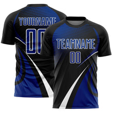 Загрузить изображение в средство просмотра галереи, Custom Black Royal-White Halftone Dot Dynamic Curve Stripe Sublimation Soccer Uniform Jersey
