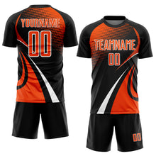 Laden Sie das Bild in den Galerie-Viewer, Custom Black Orange-White Halftone Dot Dynamic Curve Stripe Sublimation Soccer Uniform Jersey
