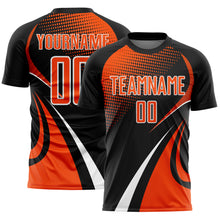 Laden Sie das Bild in den Galerie-Viewer, Custom Black Orange-White Halftone Dot Dynamic Curve Stripe Sublimation Soccer Uniform Jersey
