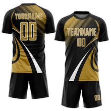 Charger l'image dans la galerie, Custom Black Old Gold-White Halftone Dot Dynamic Curve Stripe Sublimation Soccer Uniform Jersey
